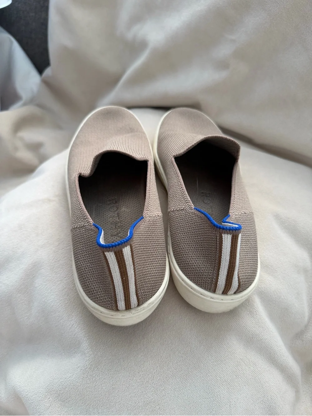 Rothy's Slip-On Knit Sneakers in Taupe with Blue Trim
